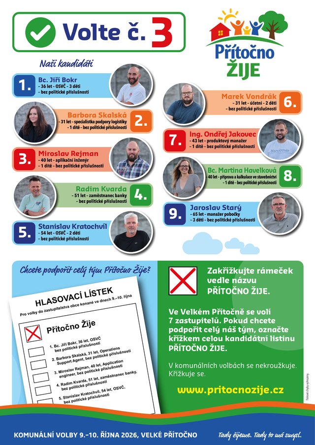 Leták Přítočno ŽIJE, strana 1: Volte č. 3, devět kandidátů a návod, jak zakřížkovat celou kandidátní listinu